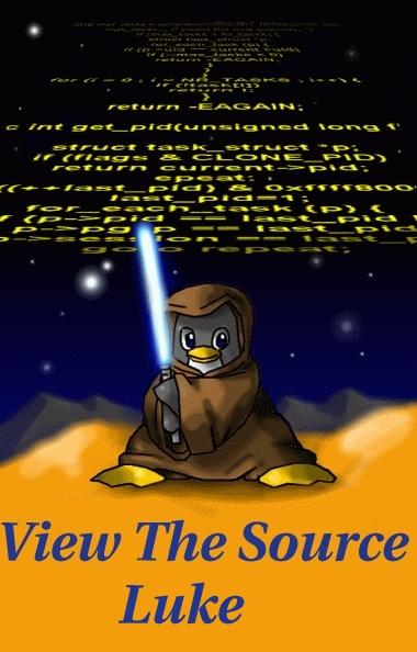 A picture of Obi Tux Kenobi 
created by 
my Brother in Law, Mark Sprague.  It was his idea to use a snippet of the multithreading code from the linux kernel as the Star Wars style Scrolling text.